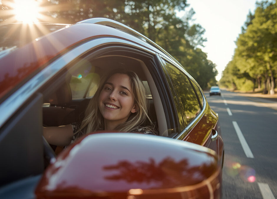 A smiling young woman looks out the open window of a red car while driving down a sunny, tree-lined road - jacobfriedmaninsurance.com